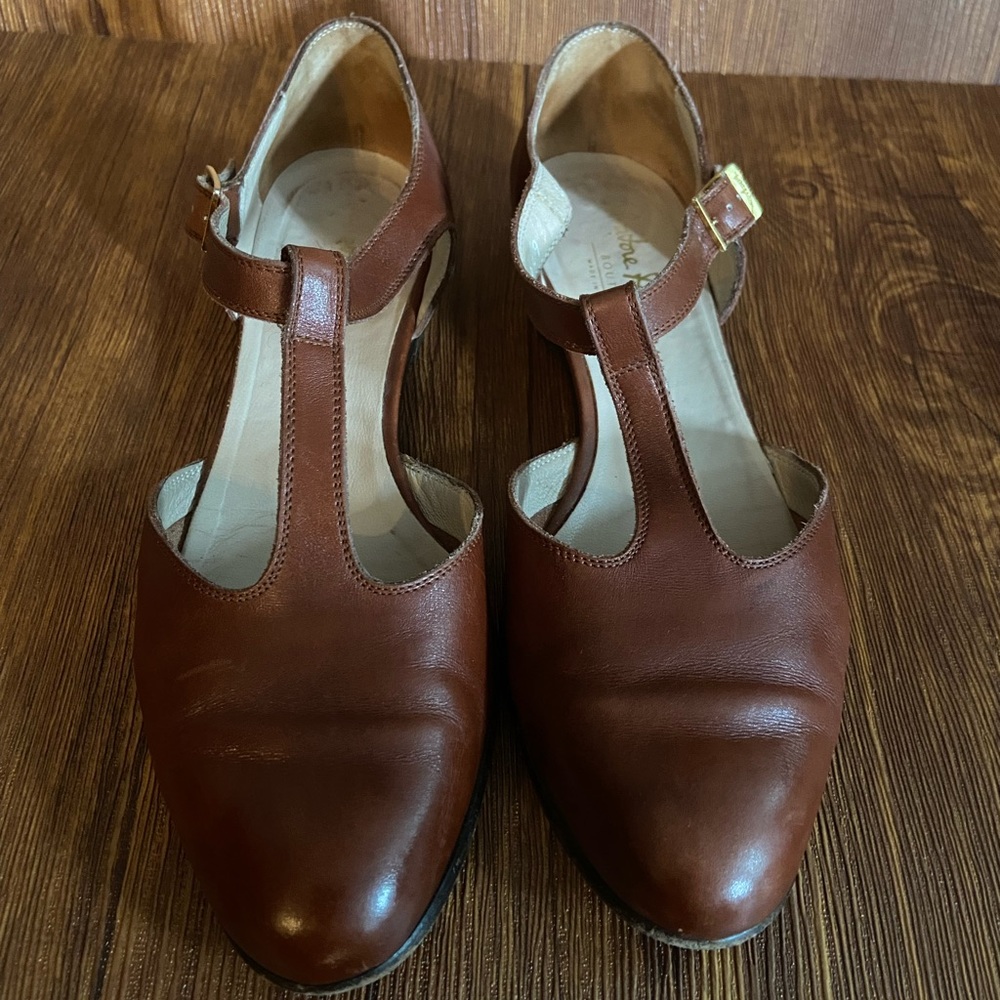 Salvatore Ferragamo T Strap Brown Flats